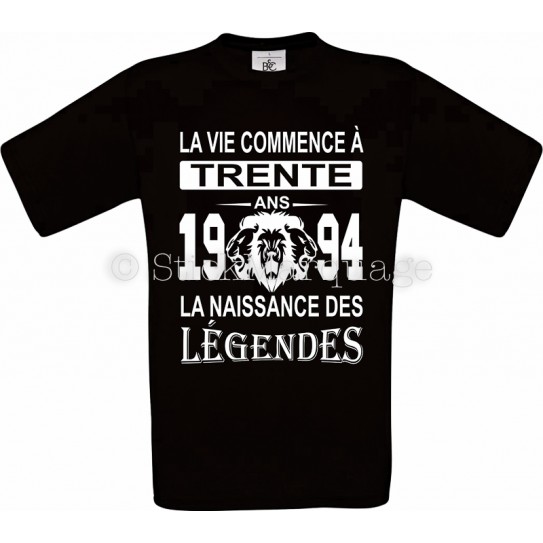 Tee-shirt Noir Homme Anniversaire 30 Ans La Naissance des Légendes 1994
