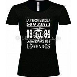 Tee-shirt Noir Femme 40ème Anniversaire La Naissance des Légendes 1984