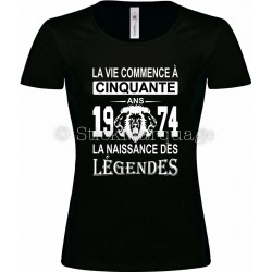 Tee-shirt Noir Femme 50ème Anniversaire La Naissance des Légendes 1974