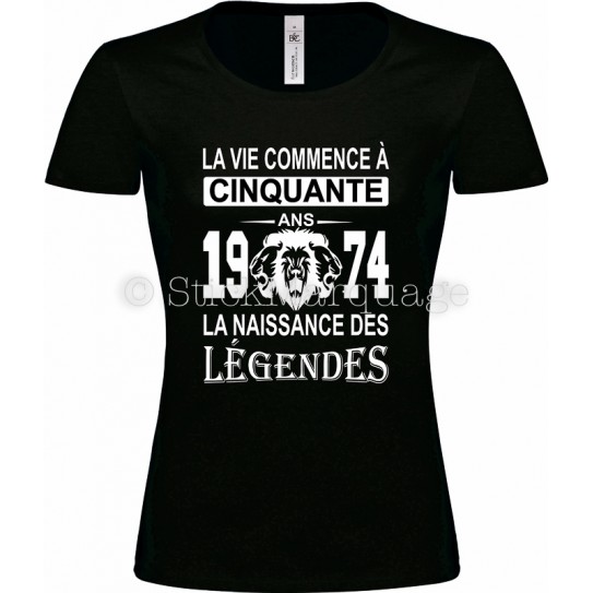 Tee-shirt Noir Femme 50ème Anniversaire La Naissance des Légendes 1974