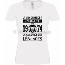 Tee-shirt blanc Femme 50ème Anniversaire La Naissance des Légendes 1974