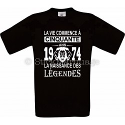 Tee-shirt Noir Homme Anniversaire 50 Ans La Naissance des Légendes 1974
