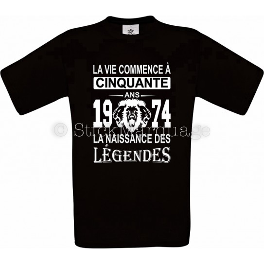 Tee-shirt Noir Homme Anniversaire 50 Ans La Naissance des Légendes 1974