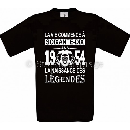Tee-shirt Noir Homme Anniversaire 70 Ans La Naissance des Légendes 1954