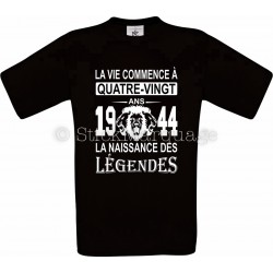 Tee-shirt Noir Homme Anniversaire 80 Ans La Naissance des Légendes 1944