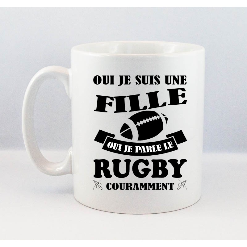 Mug céramique blanche Fille Rugby Noir - Stick Marquage Agen