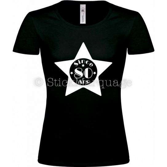 T-shirt Star Noir Femme 80ème Anniversaire "Since 80 Ans"