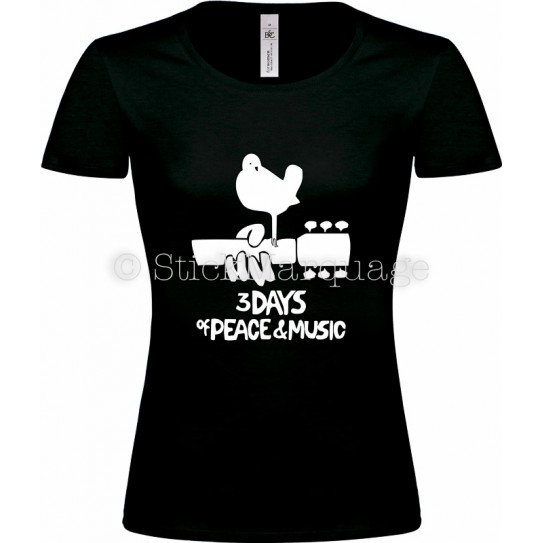 T-shirt noir femme Woodstock 3 Days of Peace & Music