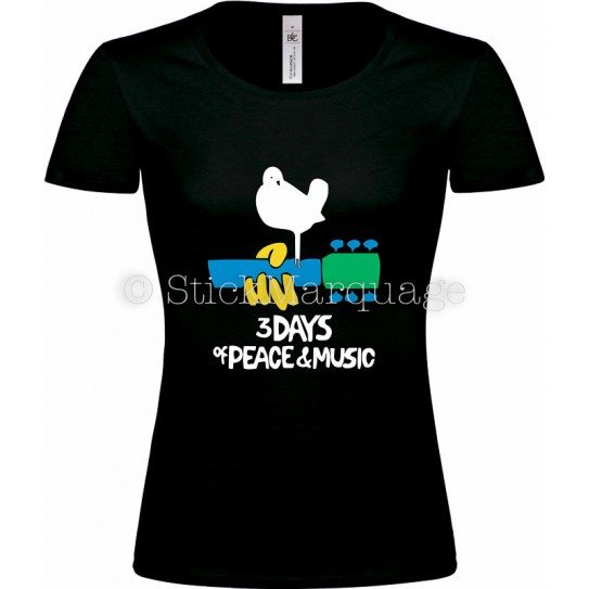 T-shirt noir femme Woodstock 3 Days of Peace & Music