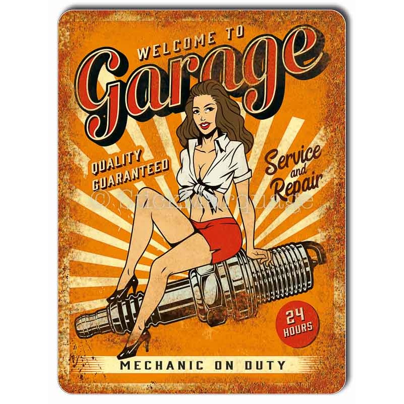 Plaque metal Pin-Up Garage Service Repair vieilli France