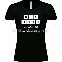 Tee-shirt F noir 18ème Anniversaire Scrabble