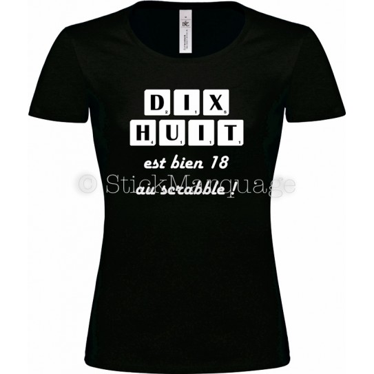 Tee-shirt F noir 18ème Anniversaire Scrabble