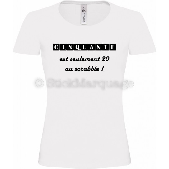 Tee-shirt Anniversaire 50 Ans F blanc Scrabble